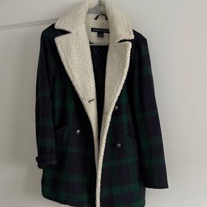 French Connection Green and Black Plaid Pea Coat